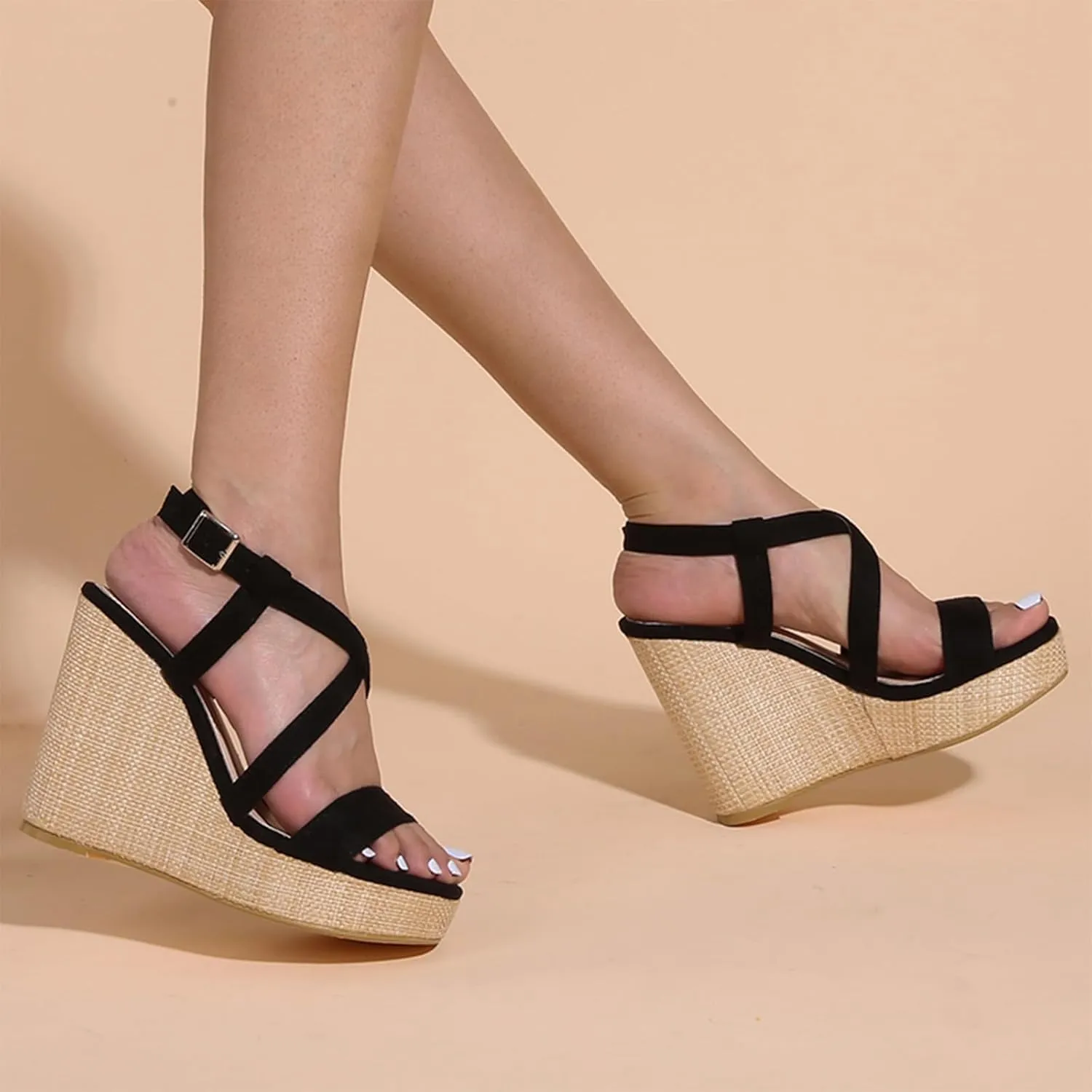 Womens high Wedge Espadrilles Sandals Open Toe Ankle Buckle Comfortable Casual Summer Platforms High Heel Sandal for Fashion Dinner Party Beach Holiday