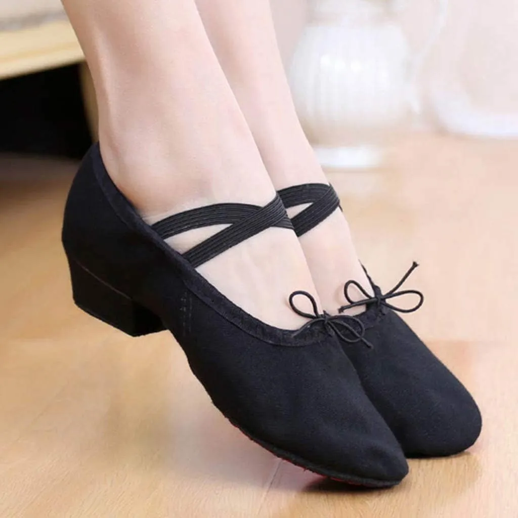 Women's Low Chunky Heels Satin Latin Dance Shoes Soft Sneakers for Ballroom Salsa Tango Performance Dancing Shoes