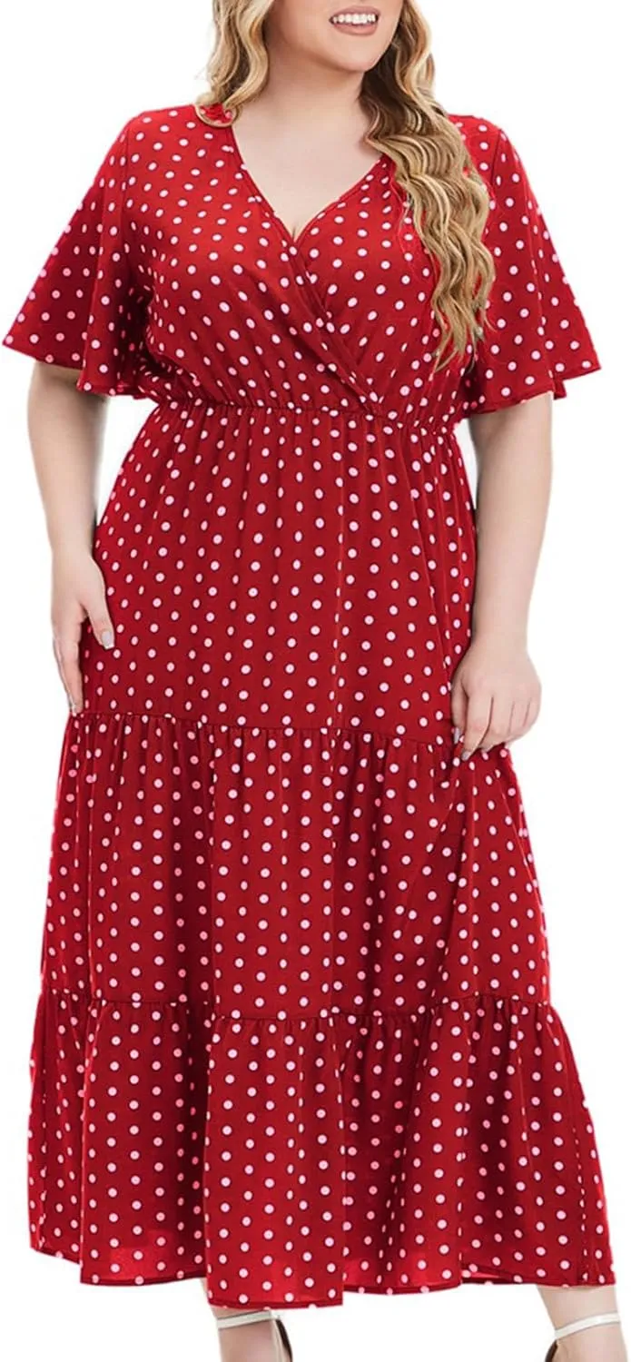 Women's Plus Size Summer Dresses Short Sleeve Wrap V Neck Swiss Dot Boho Tiered Ruffle Maxi Dress Vacation Outfit