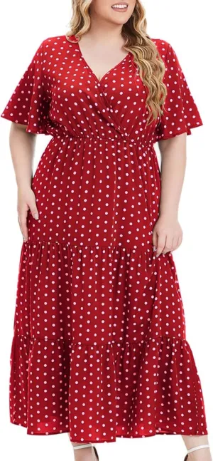 Women's Plus Size Summer Dresses Short Sleeve Wrap V Neck Swiss Dot Boho Tiered Ruffle Maxi Dress Vacation Outfit
