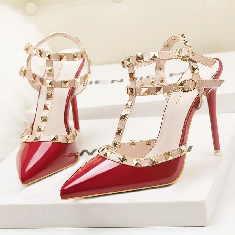 Womens Pointed Toe Stiletto Heel Sandals with Rivet Party Bridal Shoes