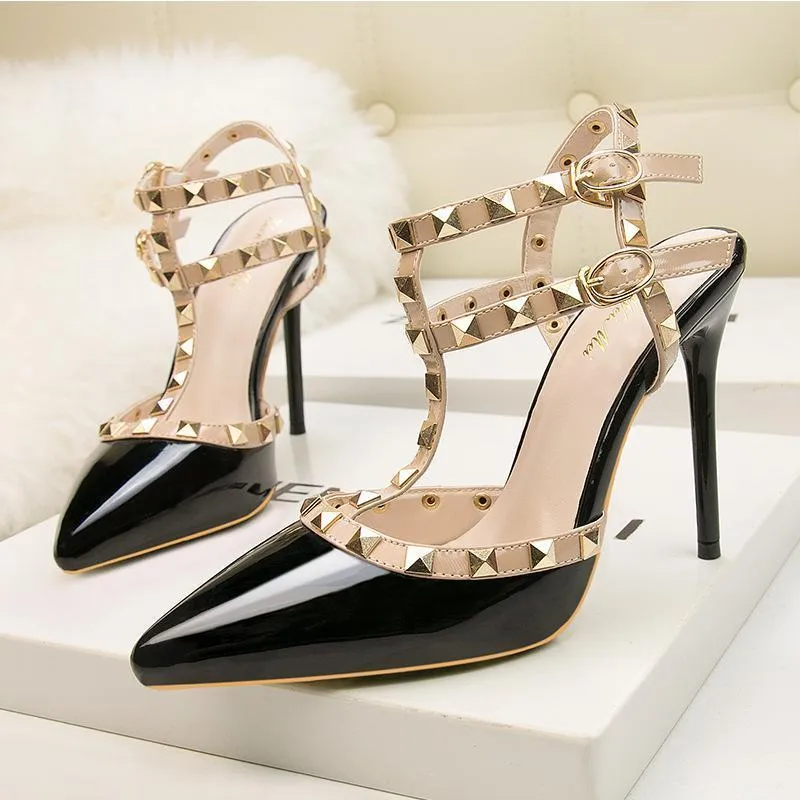 Womens Pointed Toe Stiletto Heel Sandals with Rivet Party Bridal Shoes