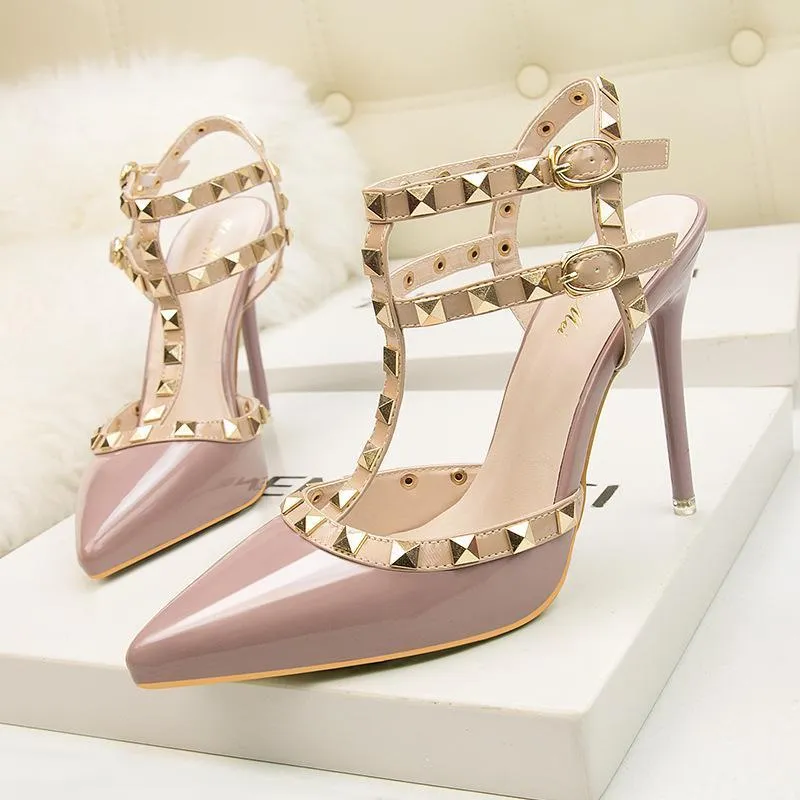 Womens Pointed Toe Stiletto Heel Sandals with Rivet Party Bridal Shoes