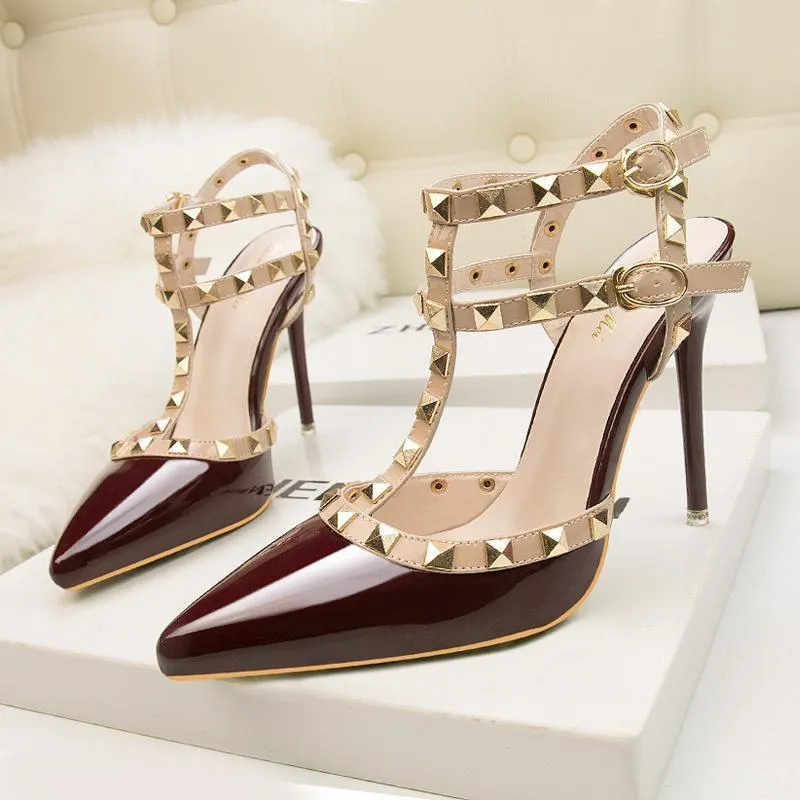 Womens Pointed Toe Stiletto Heel Sandals with Rivet Party Bridal Shoes