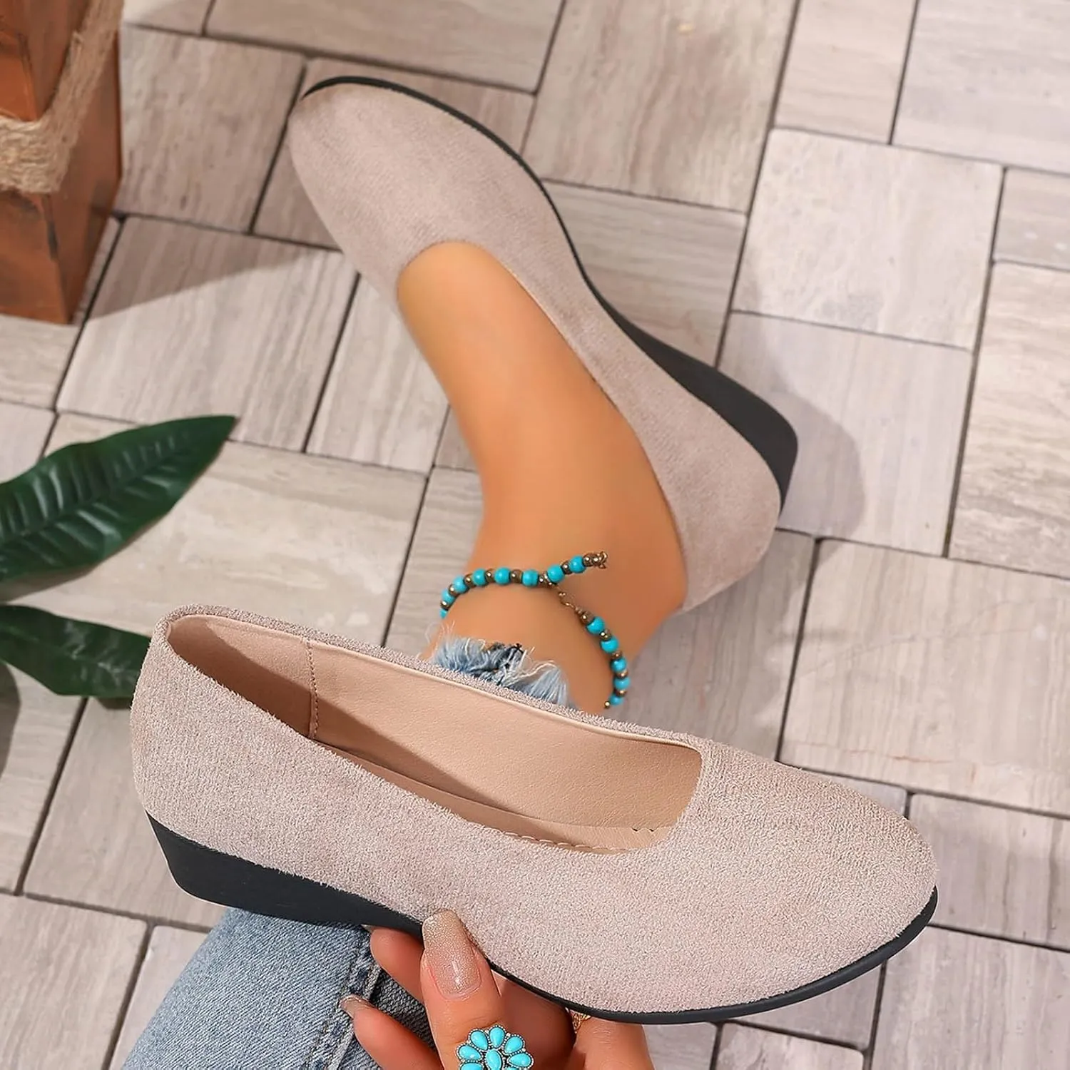Women's Shoes Faux Suede Round Toe Ballet Dressy Comfortable Slip On Walking Shoes Lady Sandal Heel