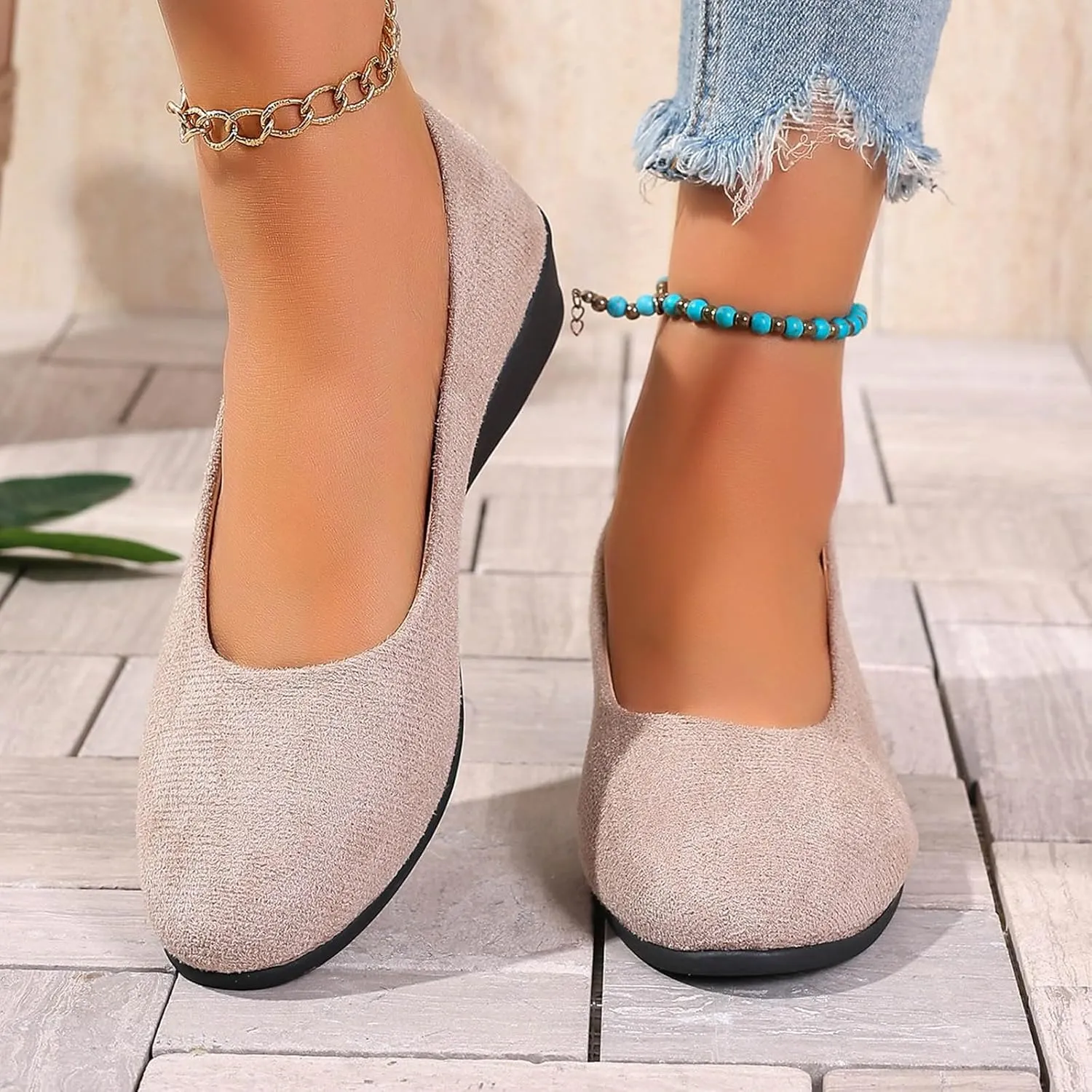 Women's Shoes Faux Suede Round Toe Ballet Dressy Comfortable Slip On Walking Shoes Lady Sandal Heel