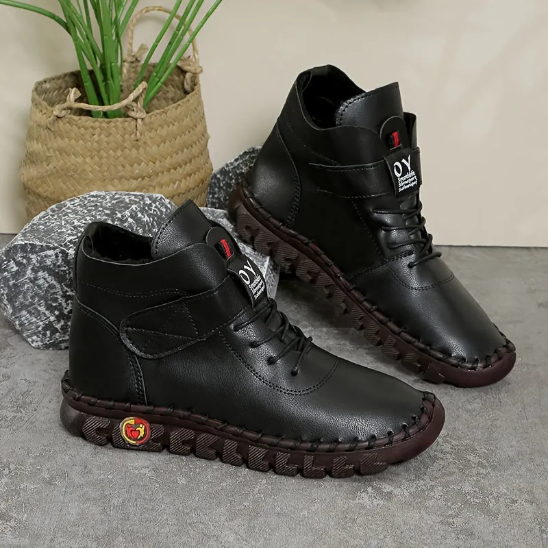 Women's Solid Color Casual Boots, Buckle Soft Sole Platform High-top Walking Shoes, Round Toe Comfort Winter Boots fall