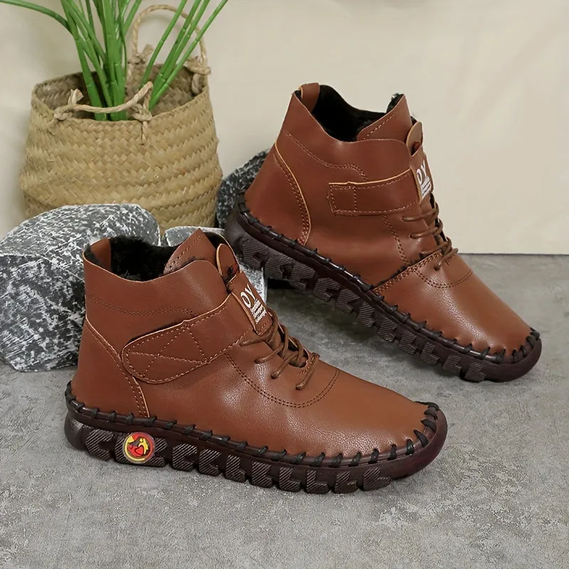 Women's Solid Color Casual Boots, Buckle Soft Sole Platform High-top Walking Shoes, Round Toe Comfort Winter Boots fall