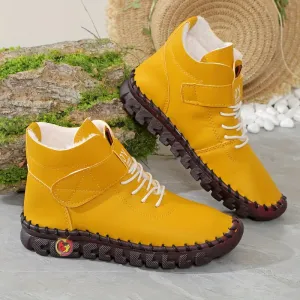 Women's Solid Color Casual Boots, Buckle Soft Sole Platform High-top Walking Shoes, Round Toe Comfort Winter Boots fall