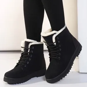 Women's Solid Color Short Boots, Casual Lace Up Plush Lined Boots, Comfortable Winter Ankle Boots