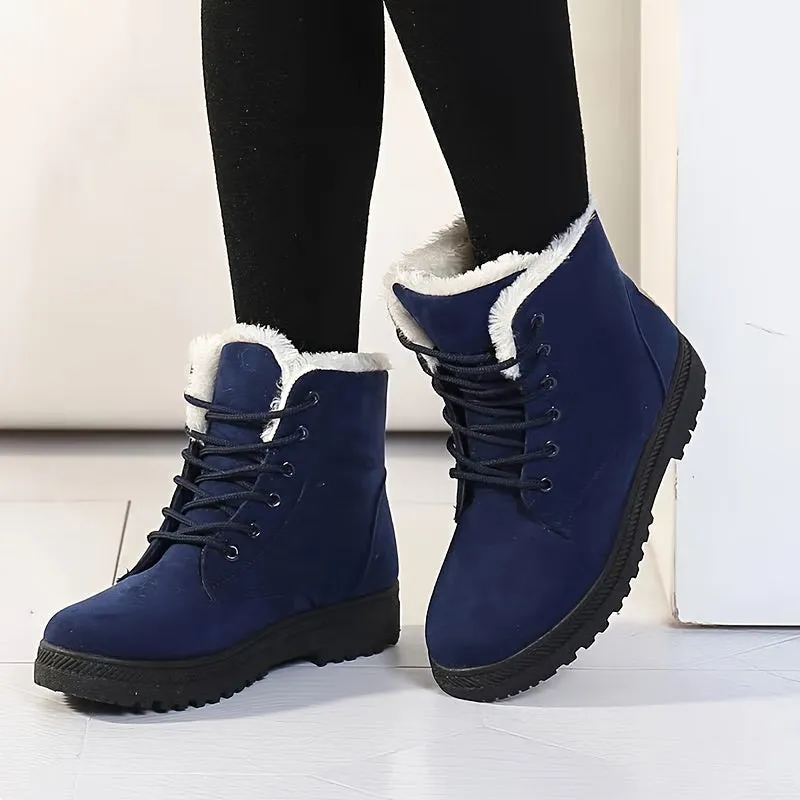 Women's Solid Color Short Boots, Casual Lace Up Plush Lined Boots, Comfortable Winter Ankle Boots