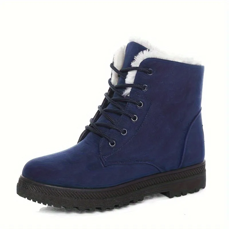 Women's Solid Color Short Boots, Casual Lace Up Plush Lined Boots, Comfortable Winter Ankle Boots
