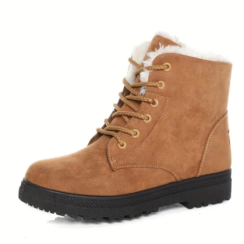 Women's Solid Color Short Boots, Casual Lace Up Plush Lined Boots, Comfortable Winter Ankle Boots