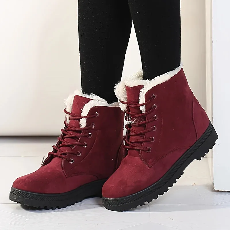 Women's Solid Color Short Boots, Casual Lace Up Plush Lined Boots, Comfortable Winter Ankle Boots