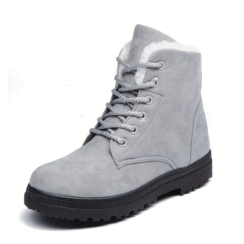 Women's Solid Color Short Boots, Casual Lace Up Plush Lined Boots, Comfortable Winter Ankle Boots