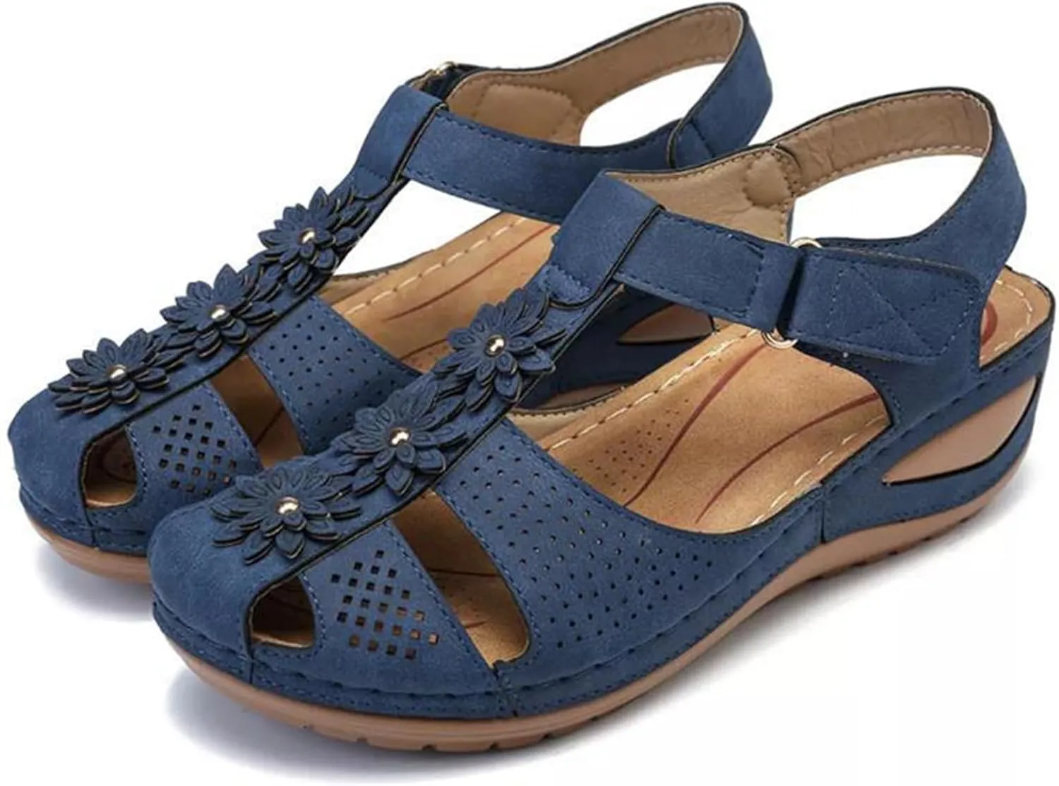 Womens Wedge Sandals Summer Closed Toe for Women Dressy Wedges Casual Hollow Out Orthopedic Shoes Comfy Bohemia Gladiator Ankle Strap Slip On Platform Sandals Comfort Orthotic Breathable Sandal