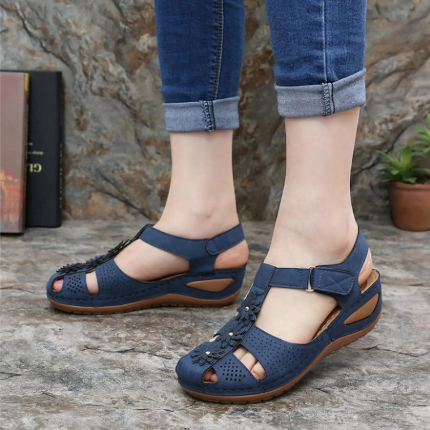 Womens Wedge Sandals Summer Closed Toe for Women Dressy Wedges Casual Hollow Out Orthopedic Shoes Comfy Bohemia Gladiator Ankle Strap Slip On Platform Sandals Comfort Orthotic Breathable Sandal